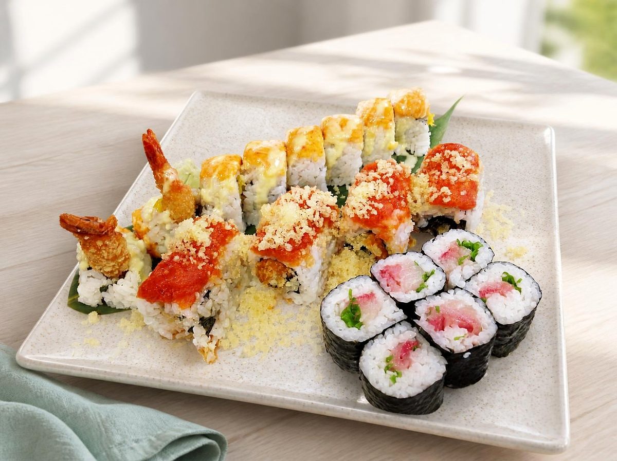 Chef's rolls with tempura shrimp and crunchy topping